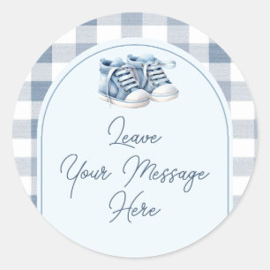 Sticker Rond Chaussures Bébé Bleu Gingham Baby Shower Votre Mes