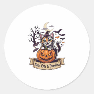 Sticker Rond Chauves-souris Chats Citrouilles Halloween Sorcièr