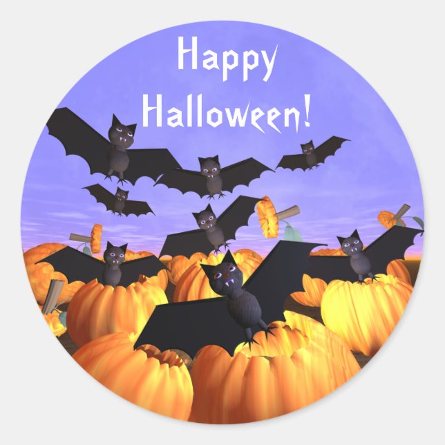 Sticker Rond Chauves-souris d'Halloween et Citrouilles (Devant)