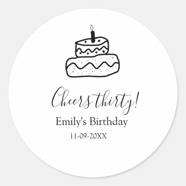 Sticker Rond Cheers thirty birthday cake black scribble hand (Devant)