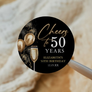 Sticker Rond Cheers To 50 Years Black and Gold Balloons