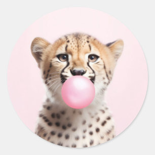 Sticker Rond Cheetah soufflant rose bulle gomme jouant