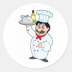 Sticker Rond Chef caricaturiste tenant repas et vin