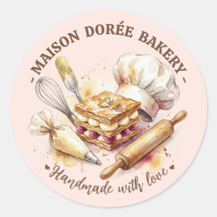 Sticker Rond Chef Pâtissier Aquarelle Or Boulangerie Traiteur