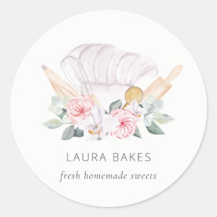 Sticker Rond Chef rose pâle Casquette Restauration Floral Rolle