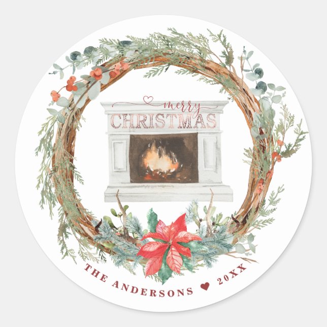 Sticker Rond Cheminée confortable Wreath hiver Joyeux Noël (Devant)