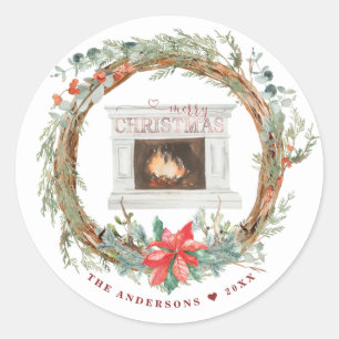 Sticker Rond Cheminée confortable Wreath hiver Joyeux Noël