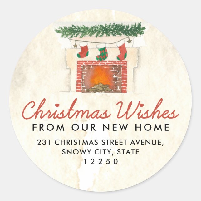 Sticker Rond Cheminée de Noël Faire-part de déménagement (Devant)
