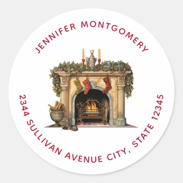 Sticker Rond Cheminée de Noël victorien cosy - Adresse (Devant)