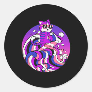Sticker Rond Chemise drôle genre fluide Chat surfant Genre Flui