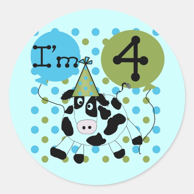 Sticker Rond Chemises et cadeaux Blue Cow 4th Birthday (Devant)