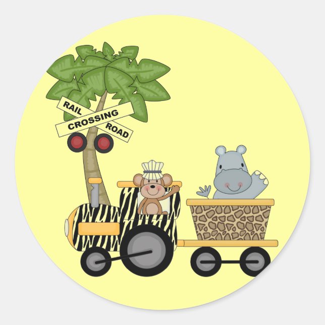 Sticker Rond Chemises et cadeaux de train singe et hippo (Devant)