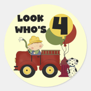Sticker Rond Chemises et cadeaux Fireman 4ème anniversaire