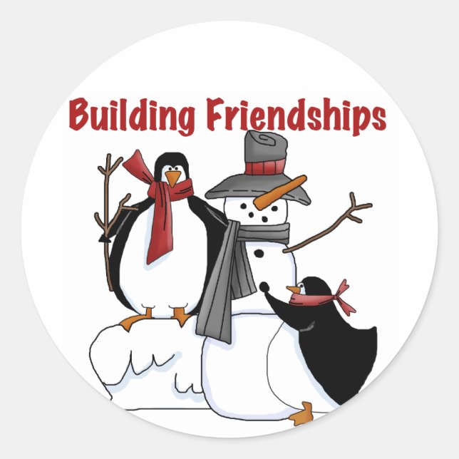 Sticker Rond Chemises et cadeaux Penguins Building Friendship (Devant)