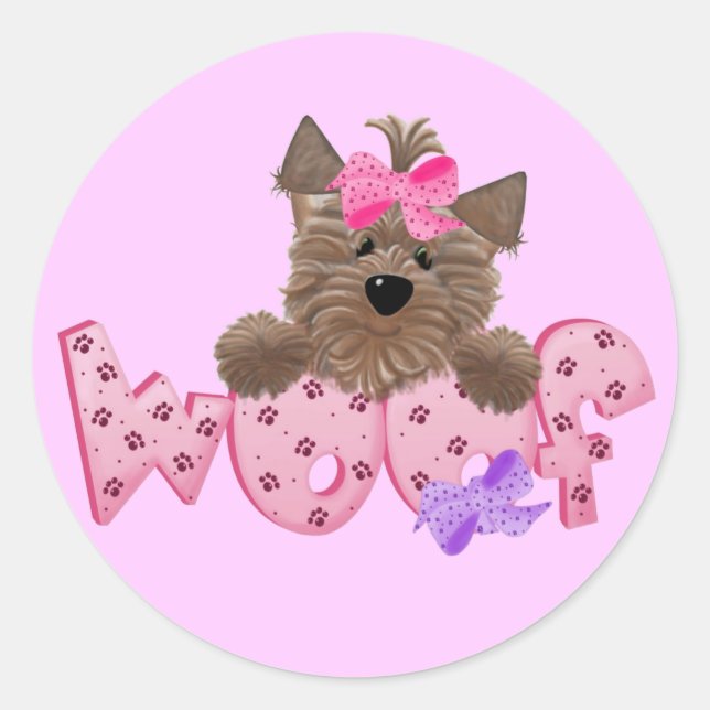 Sticker Rond Chemises et cadeaux Woof Dog Pink (Devant)