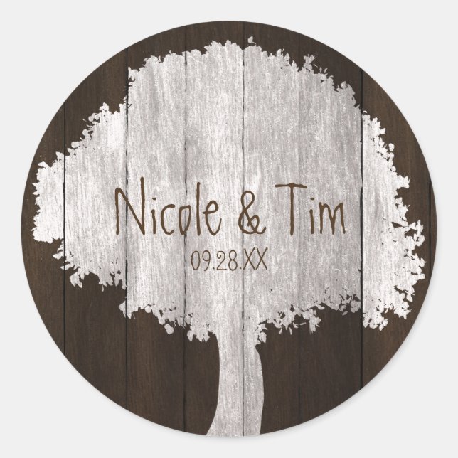 Sticker Rond Chêne blanc & bois Mariage rustique Favoriser Stic (Devant)