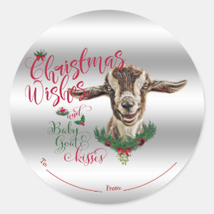 Sticker Rond CHÈQUE   Souhaits de Noël Bébé Chèvre Baisers Basc