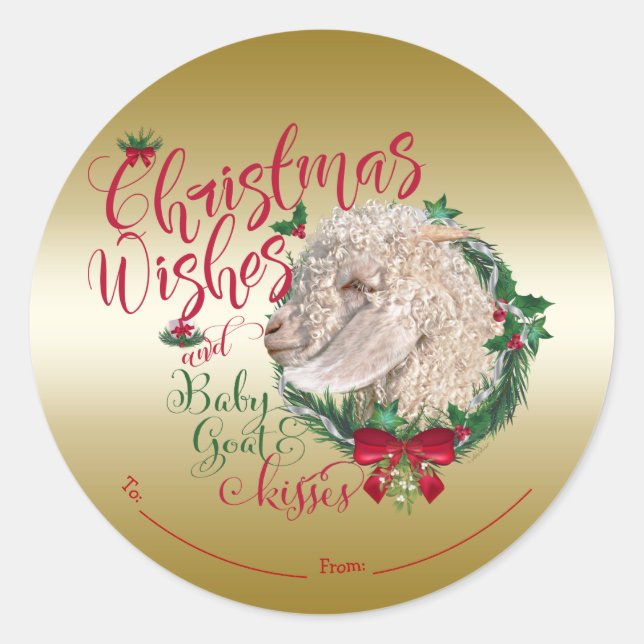 Sticker Rond CHÈQUE | Voeux de Noël Bébé Chèvre Baisers Angora (Devant)