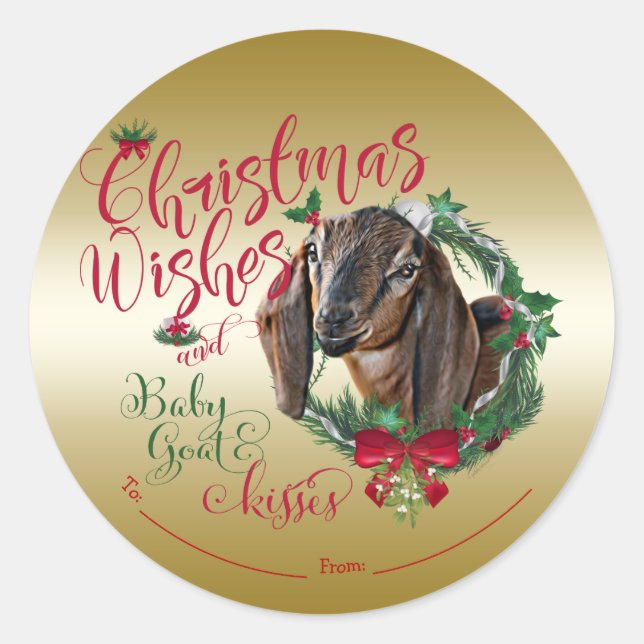 Sticker Rond CHÈQUE | voeux de Noël Bébé Chèvre Baisers Nubian  (Devant)