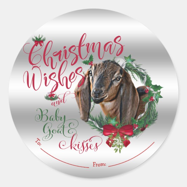 Sticker Rond CHÈQUE | voeux de Noël Bébé Chèvre Baisers Nubian  (Devant)