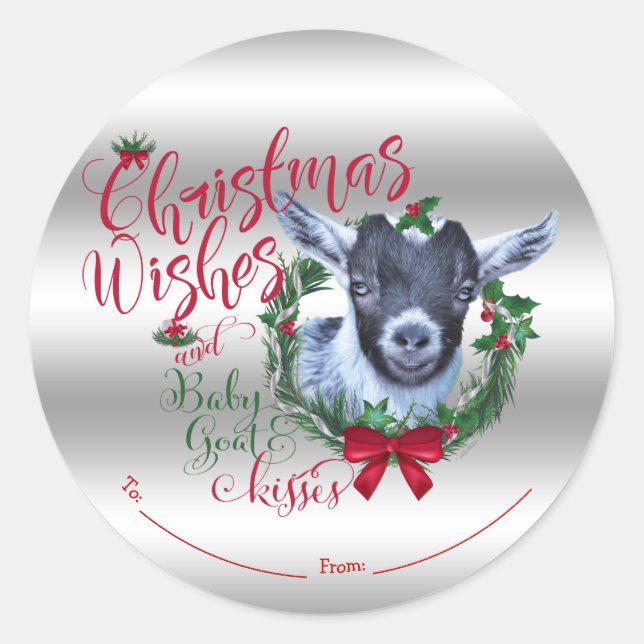 Sticker Rond CHÈQUE | voeux de Noël Bébé Chèvre Baisers Pygmée (Devant)