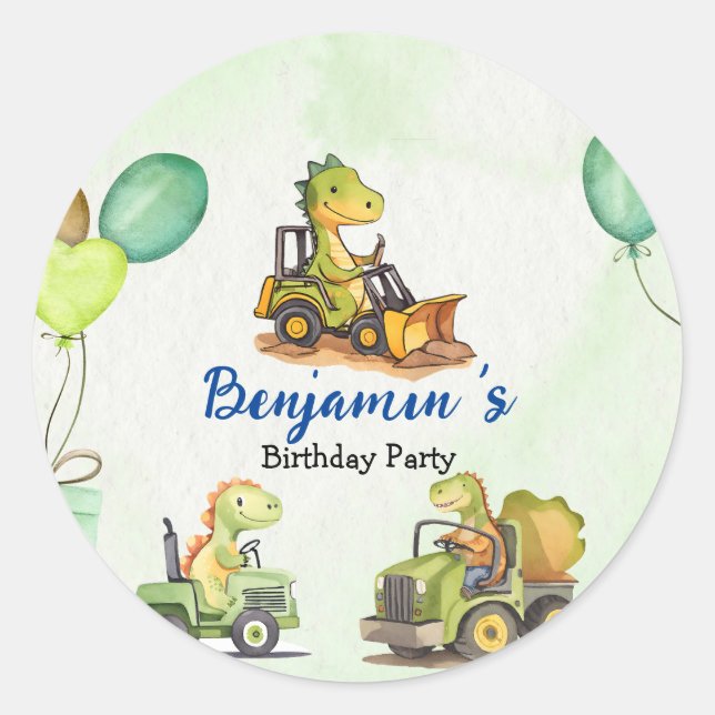 Sticker Rond Cher dinosaure de construction ballon de camion de (Devant)