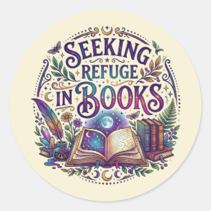 Sticker Rond Cherchant refuge dans les livres Mystique céleste 