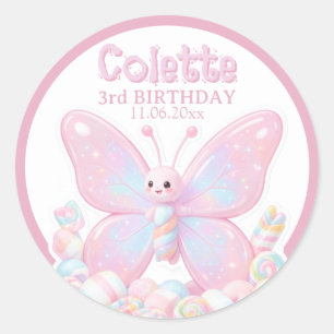 Sticker Rond Chérie Papillon Anniversaire Rose Fraise 