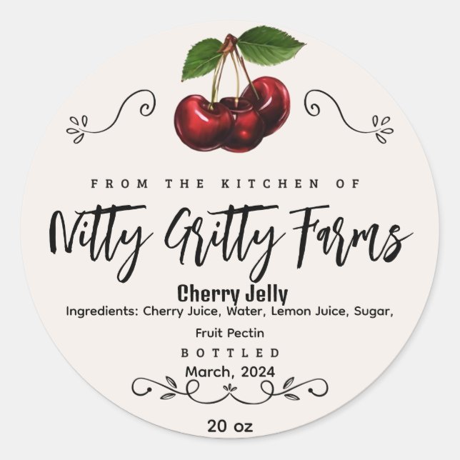 Sticker Rond Cherry Jam Jelly préserver Custom Canning Étiquett (Devant)