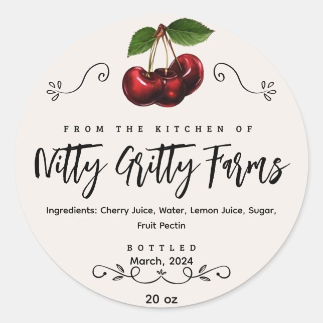 Sticker Rond Cherry Jam Jelly préserver Custom Canning Étiquett (Devant)