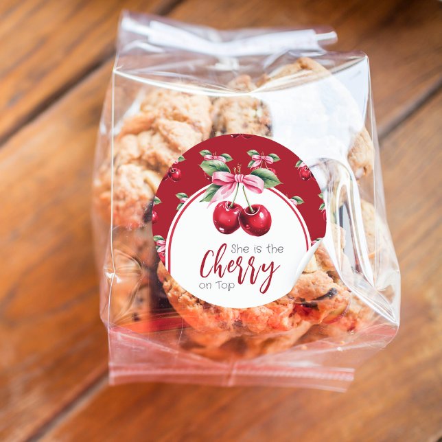 Sticker Rond Cherry Red Coquette Bow Girl Baby shower (Créateur téléchargé)