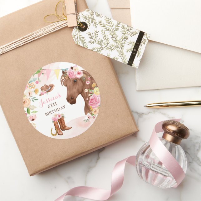Sticker Rond Cheval Anniversaire Fête Cowgirl rose Floral Anniv (Cadeaux)