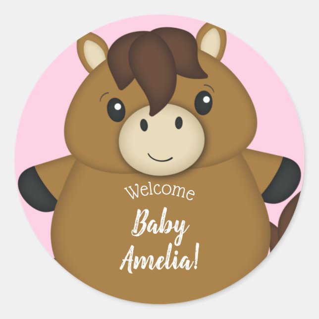 Sticker Rond Cheval Baby shower fille rose (Devant)