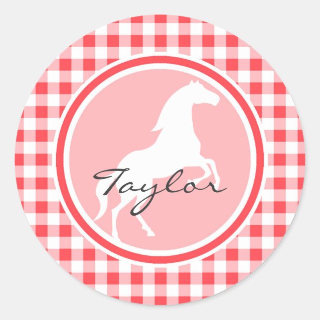 Sticker Rond Cheval blanc ; En vichy rouge et blanc (Devant)