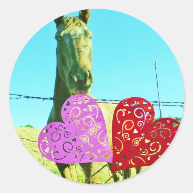 Sticker Rond Cheval blond et Coeurs rose et rouge (Devant)