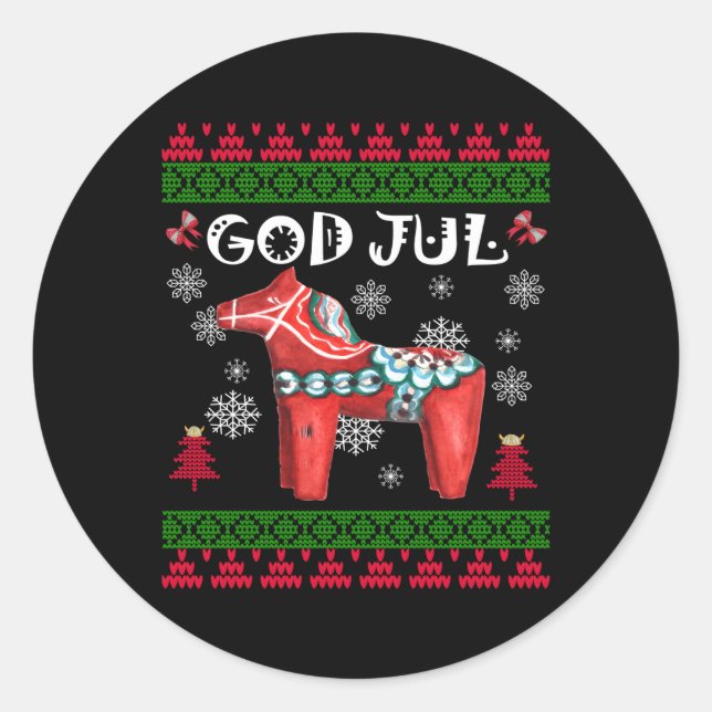 Sticker Rond Cheval de Dala scandinave de Dieu Jul Ugly (Devant)