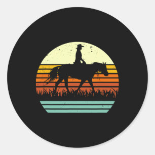 Sticker Rond Cheval De L'Ouest Et Rider Retro Style Soleil