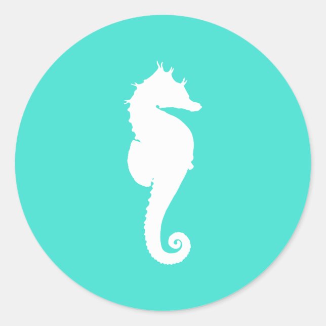 Sticker Rond Cheval de mer blanc sur Turquoise (Devant)
