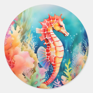 Sticker Rond Cheval de mer gracieux dans des couches d'aquarell