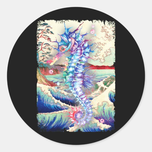 Sticker Rond Cheval de mer japonais Coloré Sea Horse Nature Art (Devant)