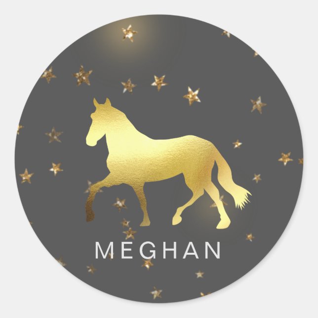 Sticker Rond cheval d'or étoiles équestre Monogramme Téléphone  (Devant)