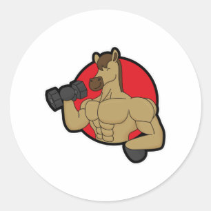 Sticker Rond Cheval en Bodybuilder avec Dumbbell