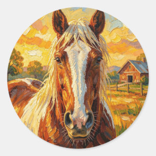 Sticker Rond Cheval en impasto dans une ferme