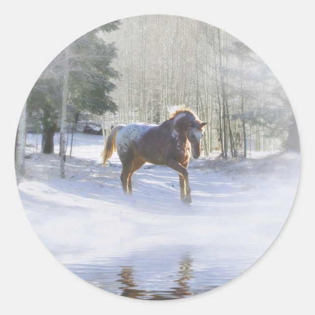 Sticker Rond Cheval et neige belles vacances (Devant)