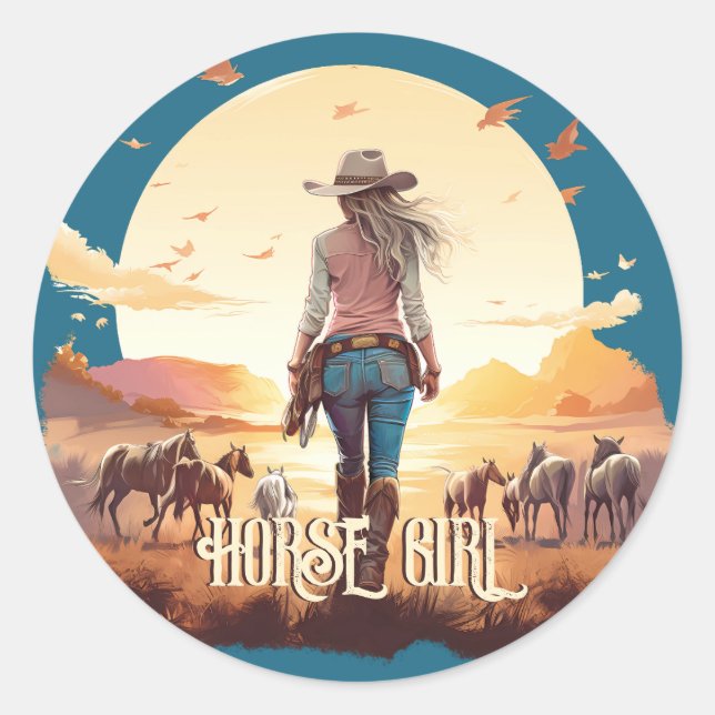 Sticker Rond Cheval fille Cowgirl cheval amoureux du désert cou (Devant)