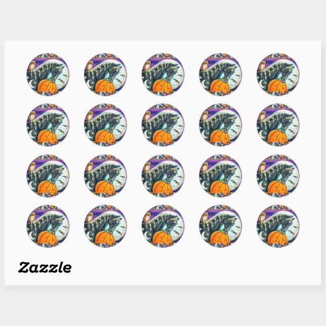 STICKER ROND CHEVAL MAGIQUE NOIR, OWL, JACK-O'-LANTERN & SKULLS (Feuille)