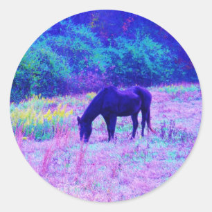 Sticker Rond Cheval noir violet dans le champ Arc-en-ciel