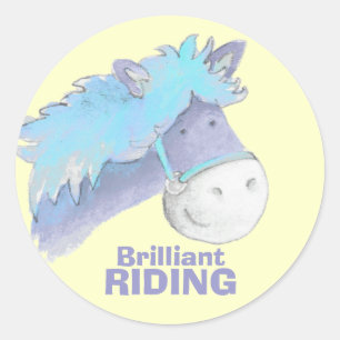 Sticker Rond Cheval poney équitation jaune bleu éloge