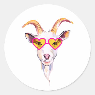 Sticker Rond Chèvre avec lunettes de couleur Rose