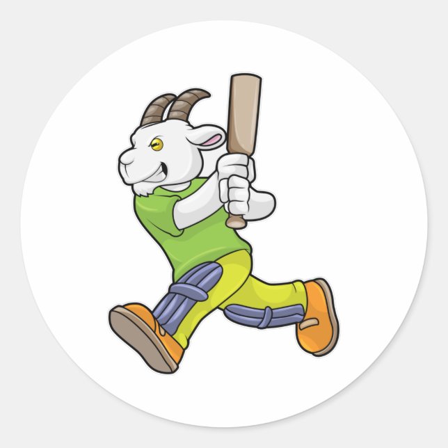 Sticker Rond Chèvre comme Batsman avec chauve-souris de cricket (Devant)
